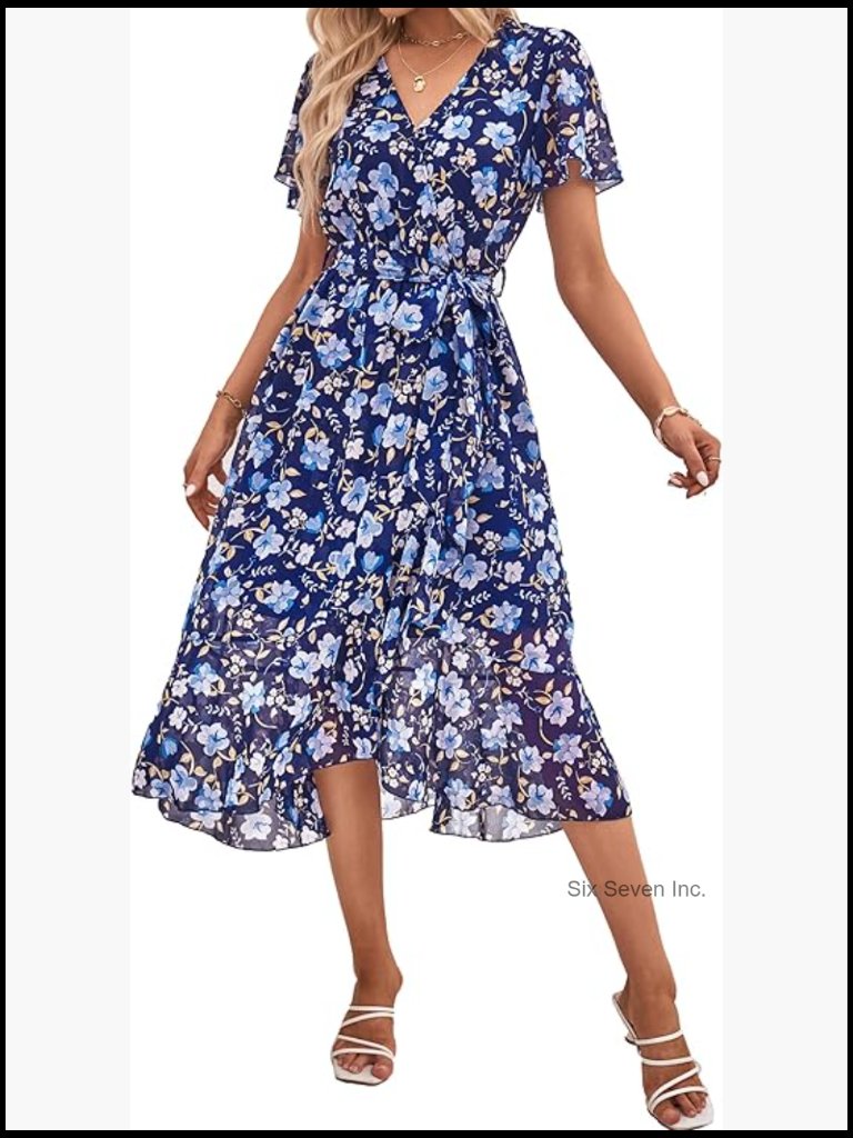 Boho Short Sleeve Wrap V Neck Ruffle Maxi Dress